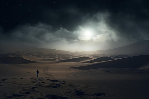 a man walks in the desert at night.