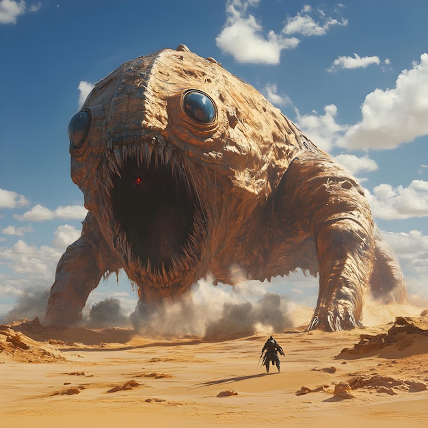 a man walks in the desert with a giant creature in the background