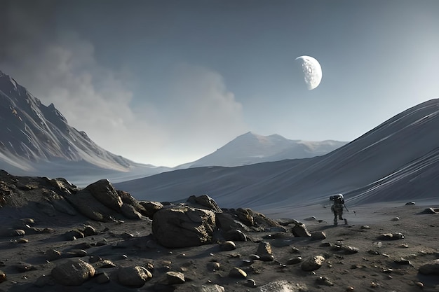 A man walks on a desert with a moon in the background.