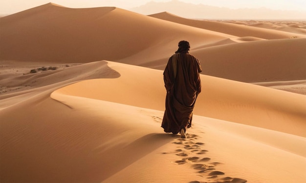 a man walks in the desert with a sign that says quot no camel quot