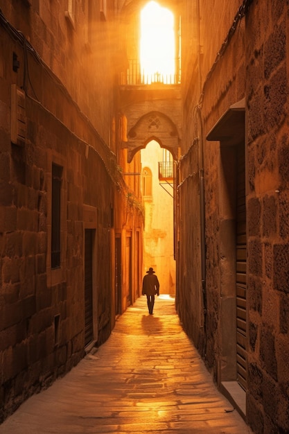 A man walks down an alley in malta.