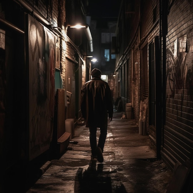 A man walks down an alley at night.