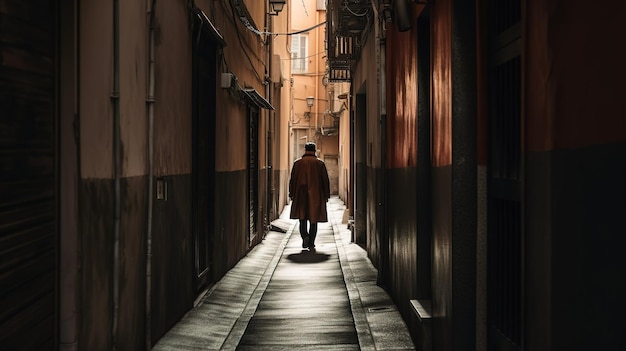 A man walks down an alley in venice, italy.