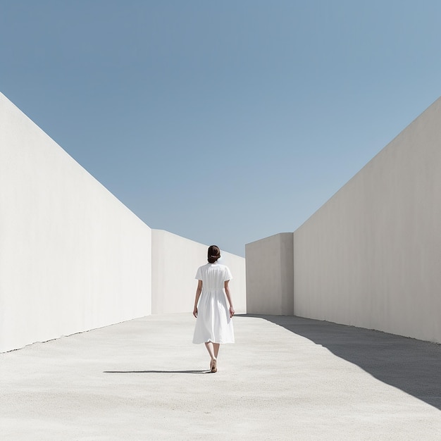 a man walks down a concrete walkway with a blue sky behind him