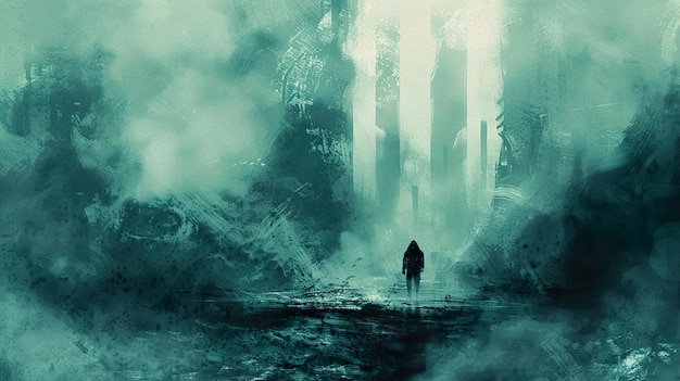 a man walks down a dark path in a dark forest