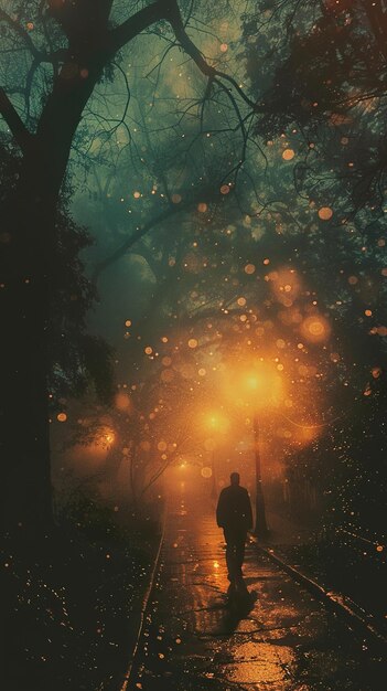 a man walks down a dark street in the rain