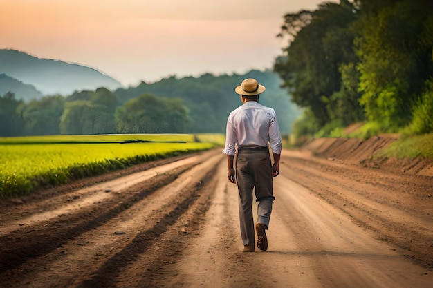 a man walks down a dirt road in front of a field of crops