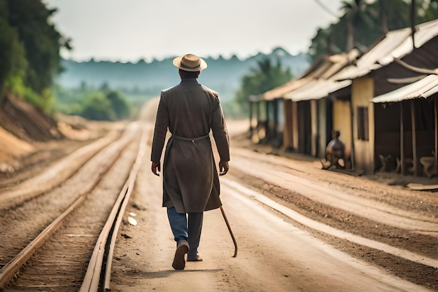 a man walks down a dirt road with a cane