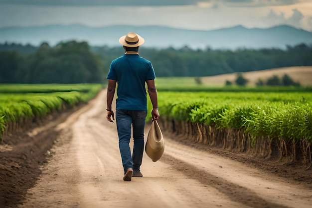 a man walks down a dirt road with a hat on his head