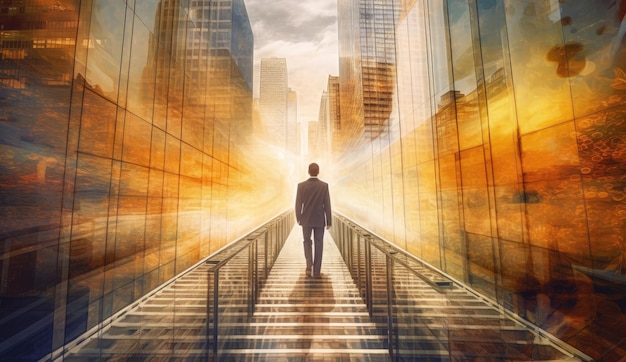 A man walks down a futuristic city with a yellow light in the background.