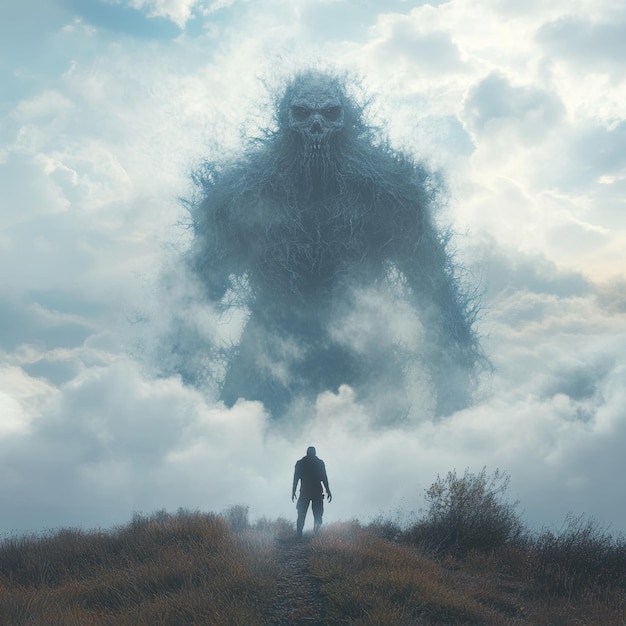 Photo a man walks down a hill with a giant creature in the sky