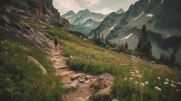 A man walks down a mountain trail in the mountains.