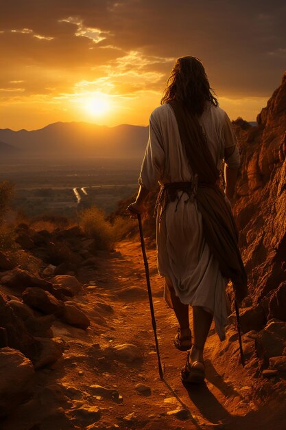 a man walks down a mountain with the sun setting behind him.