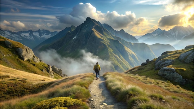 a man walks down a path in a mountain landscape