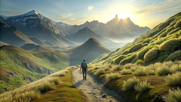 a man walks down a path in a mountain landscape