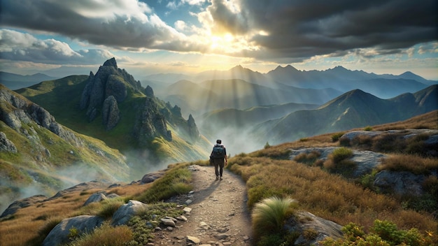 a man walks down a path in the mountains