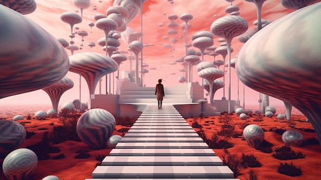 A man walks down a path in a pink sky with a large number of trees.