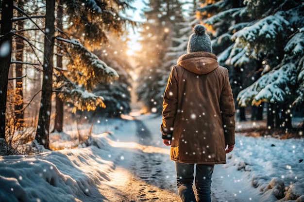 a man walks down a path in the snow