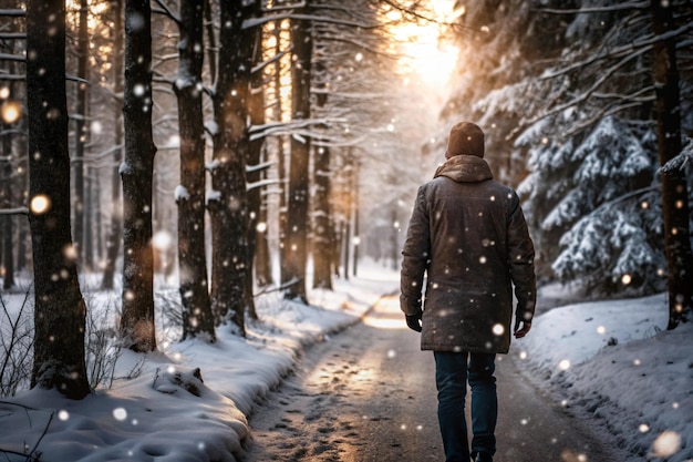 a man walks down a path in the snow