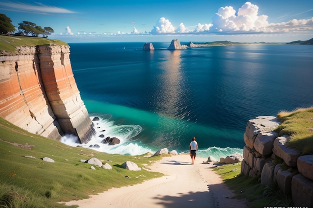 A man walks down a path towards a cliff with the words " the sea " on the right.