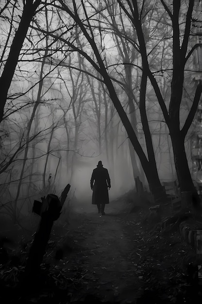 A man walks down a path in the woods with a black and white photo of a man in a black suit