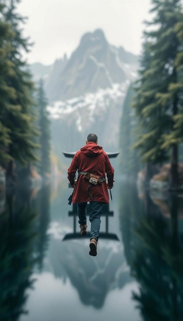 Photo a man walks down a path in the woods with a red raincoat on his back