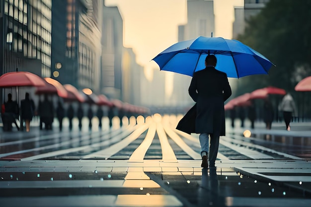 A man walks down a rainy street with an umbrella in the rain.