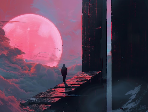 a man walks down a ramp in a red and purple world