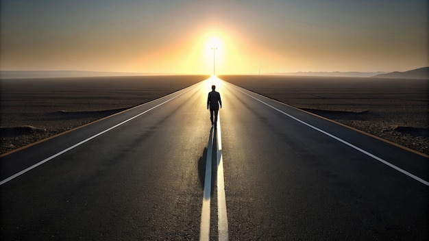 a man walks down a road towards the sun