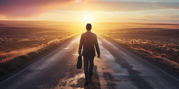 Photo a man walks down a road with a briefcase in his hand