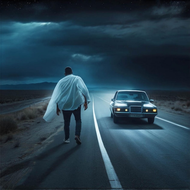 a man walks down a road with a car on the side and a man in a white cape walking down the road