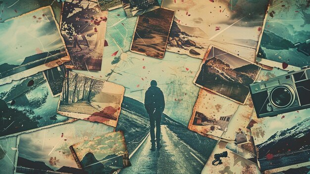 Photo a man walks down a road with many pictures on the wall