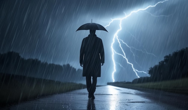 A man walks down a road with an umbrella in the rain