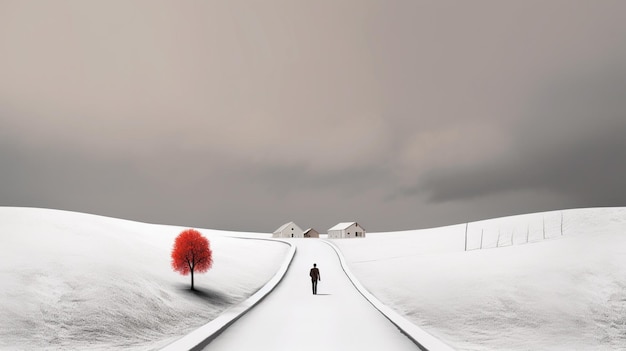 A man walks down a snowy road with a tree on the left and a house on the right.