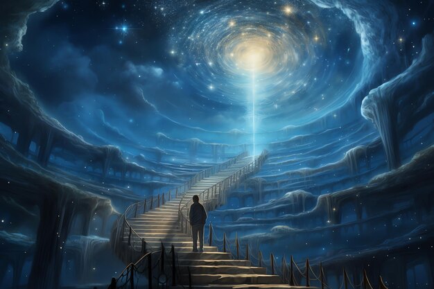 Photo a man walks down a staircase to the sky