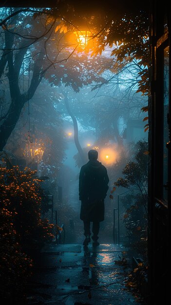 a man walks down a street in the fog