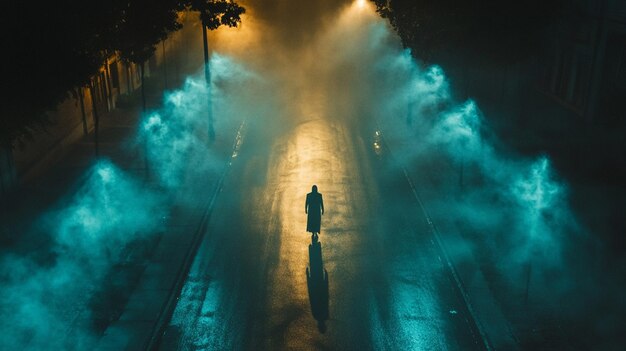 Photo a man walks down a street in the fog