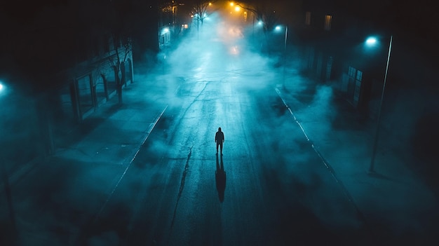 Photo a man walks down a street in the fog