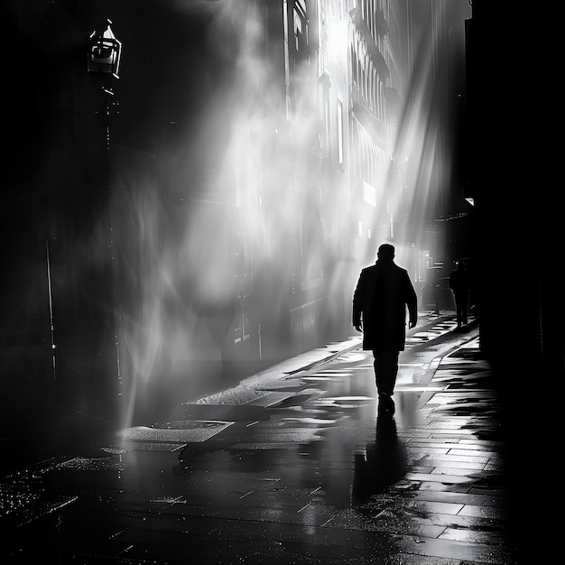 Photo a man walks down a street in the fog