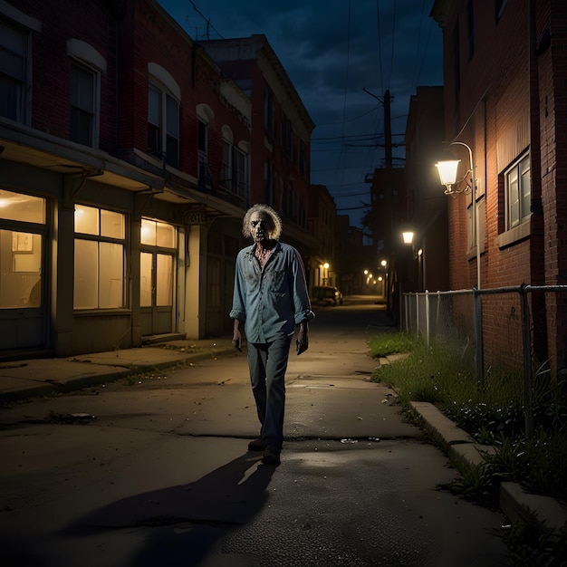 a man walks down a street in front of a building with a sign that says quot no quot