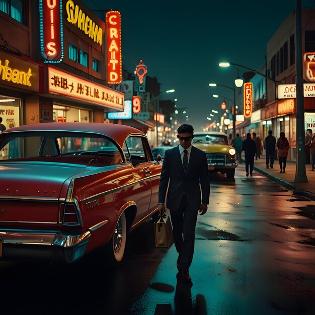 Photo a man walks down a street in front of a red car