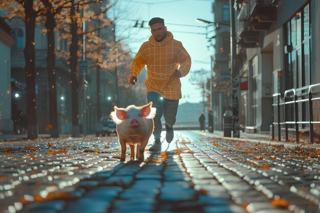 Photo a man walks down a street with a pig in the middle of the street