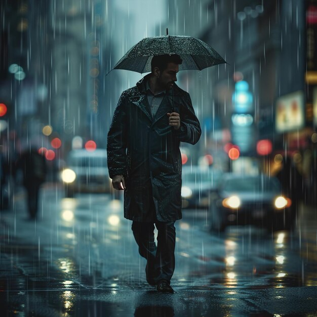 a man walks down a street with an umbrella in the rain