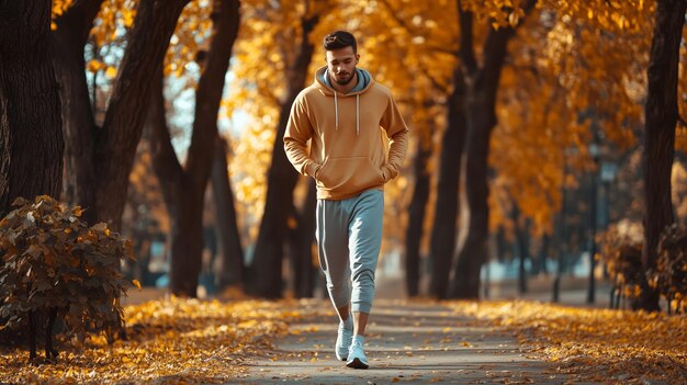 Photo a man walks down a treelined path covered in autumn leaves in a serene park during the early morning hours