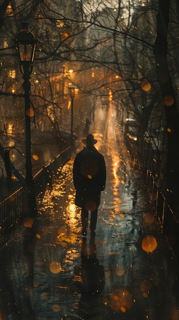 a man walks down a wet street in the rain