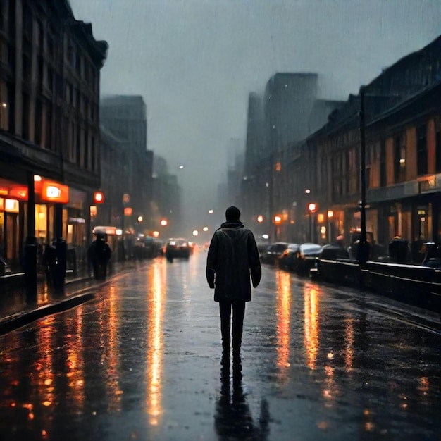 a man walks down a wet street in the rain