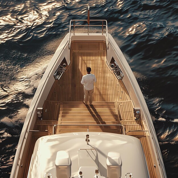 Photo a man walks down a wooden boat with the word quot esp quot on the side