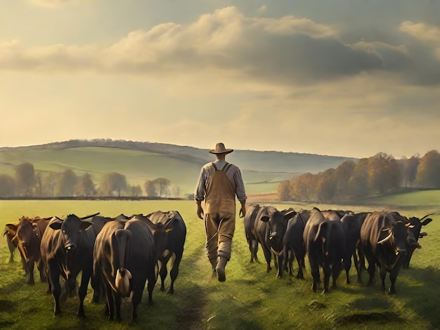 a man walks in a field with cows