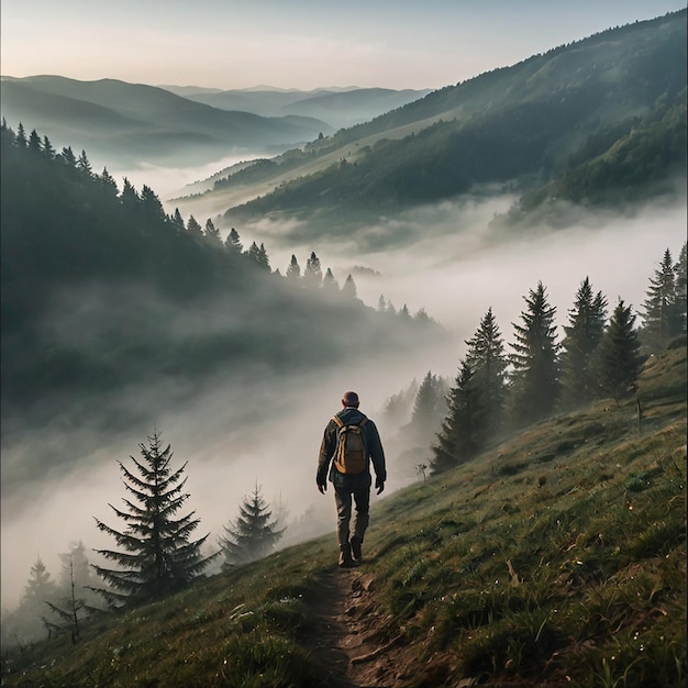 A man walks in a fog in the Carpathian Mountains