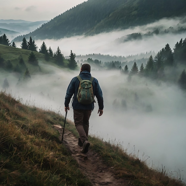 A man walks in a fog in the Carpathian Mountains